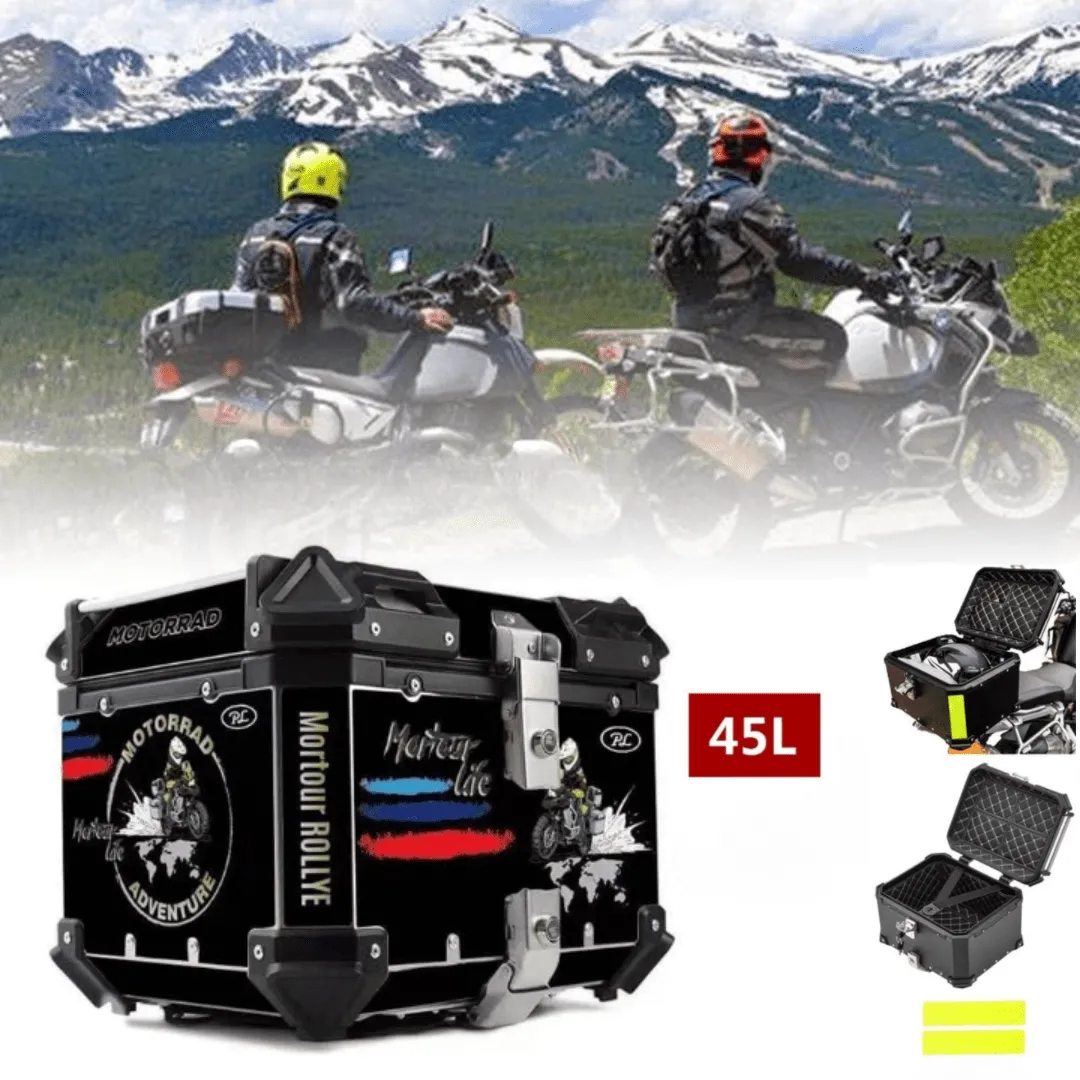 Coffre moto universel en aluminium 45 L, rigide, grande capacité, pour motos et scooters.