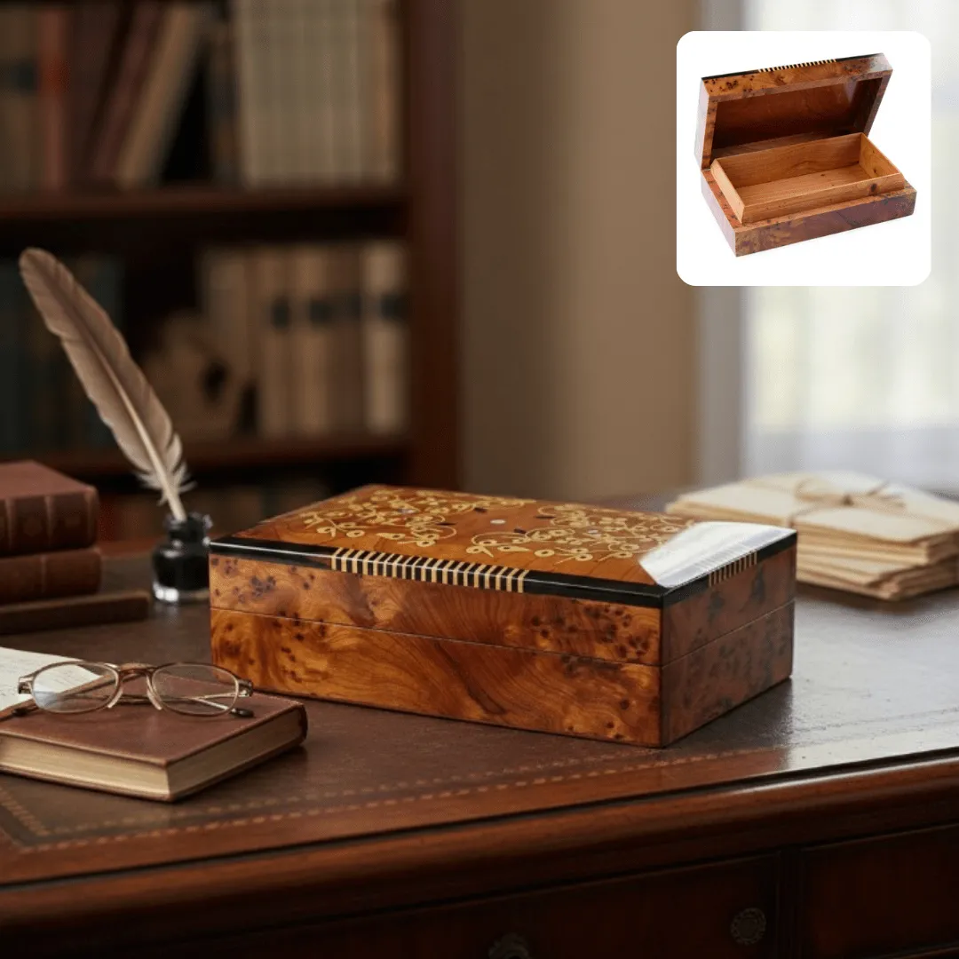 Coffret à bijoux artisanal en loupe de thuya premium avec gravure élégante