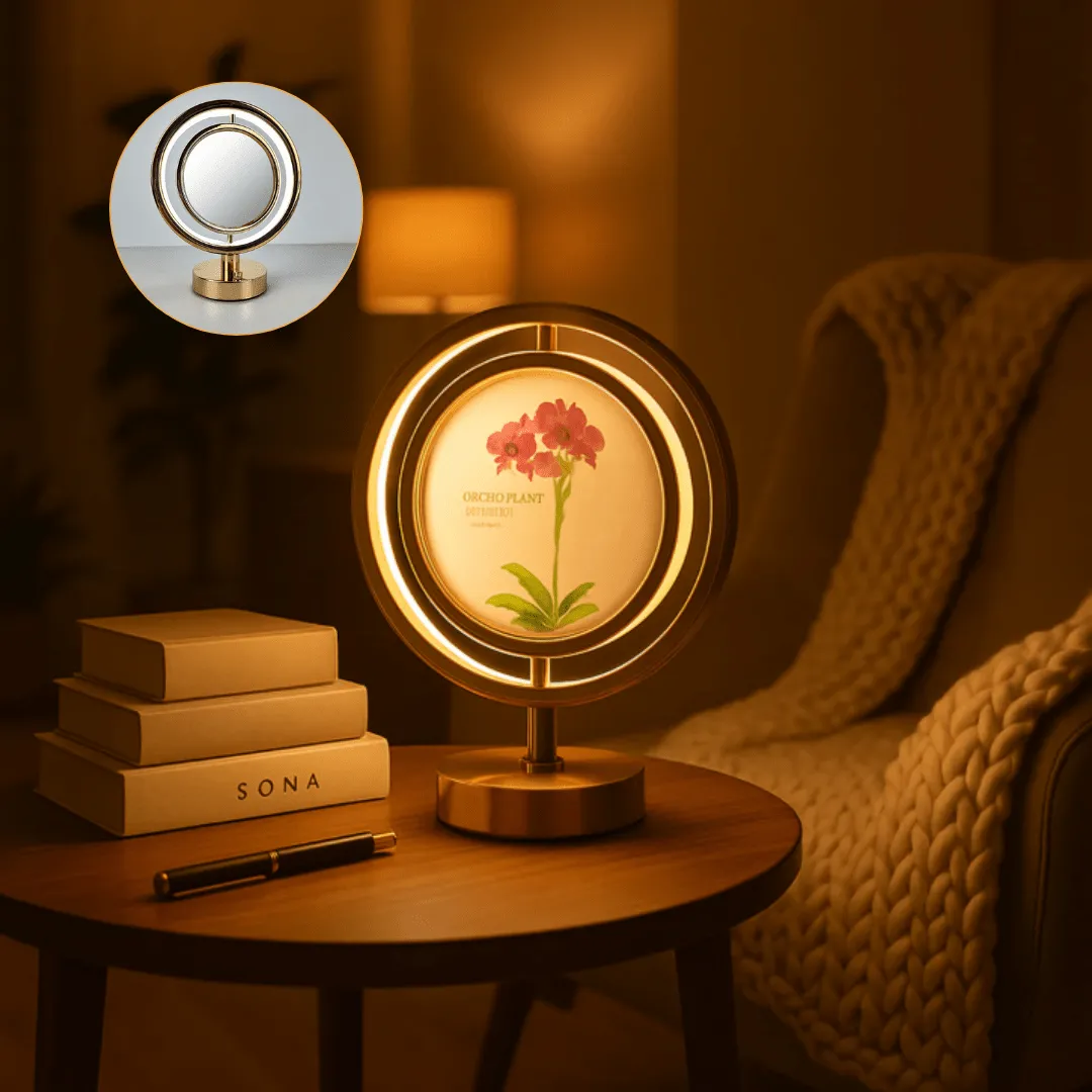 Lampe miroir LED circulaire avec cadre photo et commande tactile à 3 niveaux de luminosité