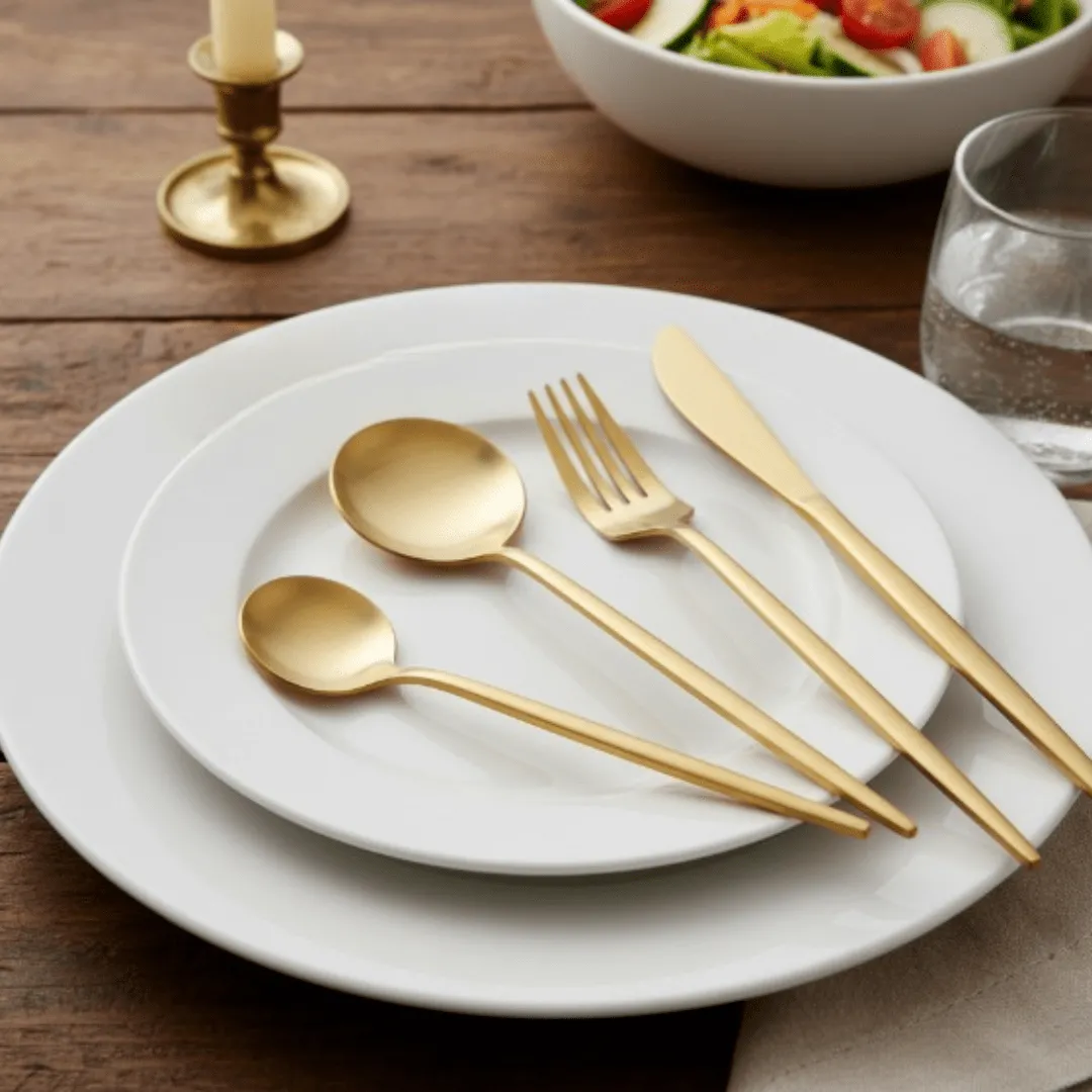 Set de 24 couverts en acier inoxydable couleur dorée, idéal pour la cuisine