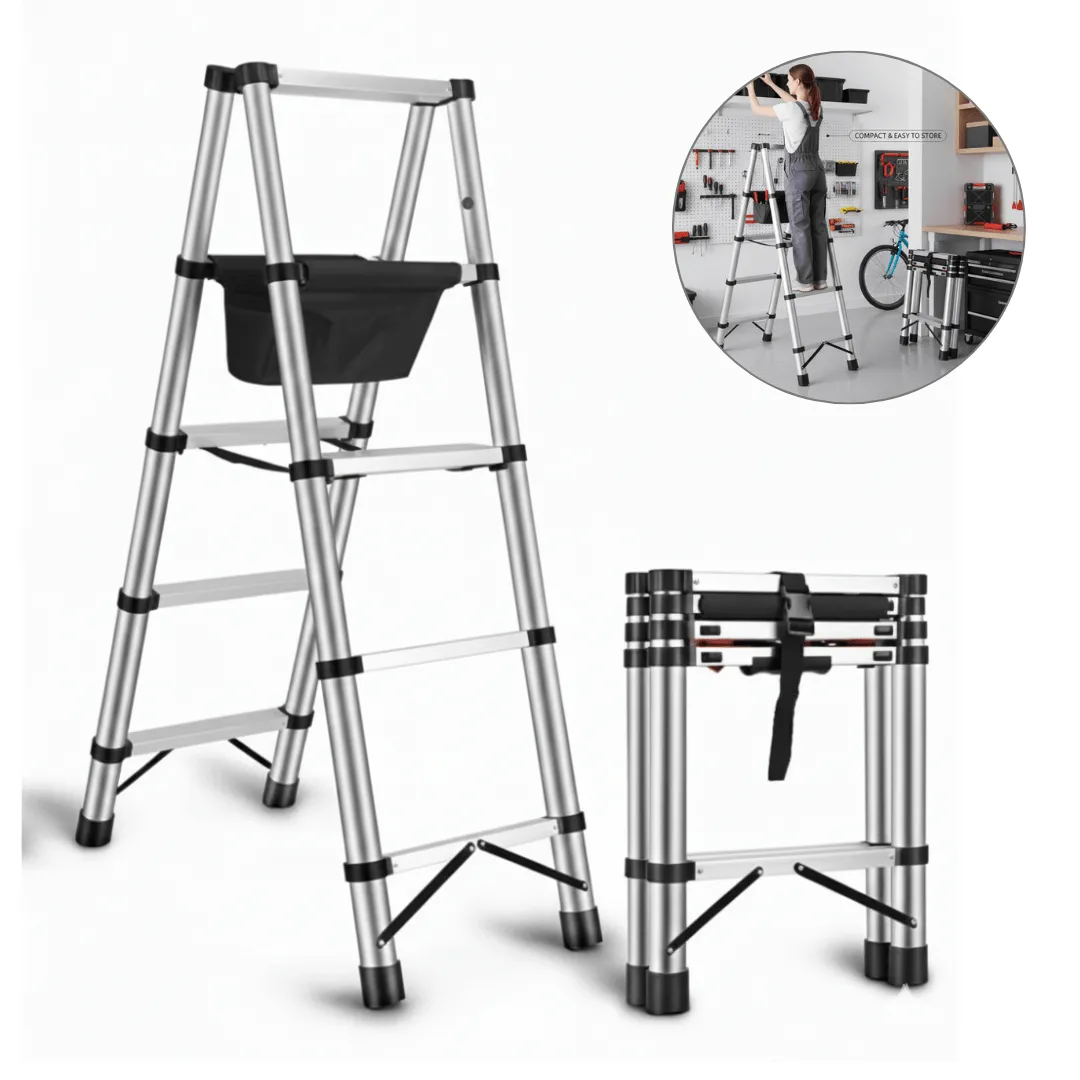Échelle télescopique polyvalente et solide avec sac à outils, idéale pour travaux et rénovations