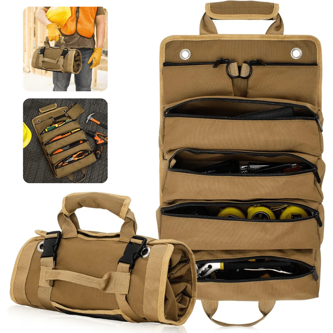 Sac à outils multifonction grande capacité avec rouleau de rangement, pliable, portable et mural
