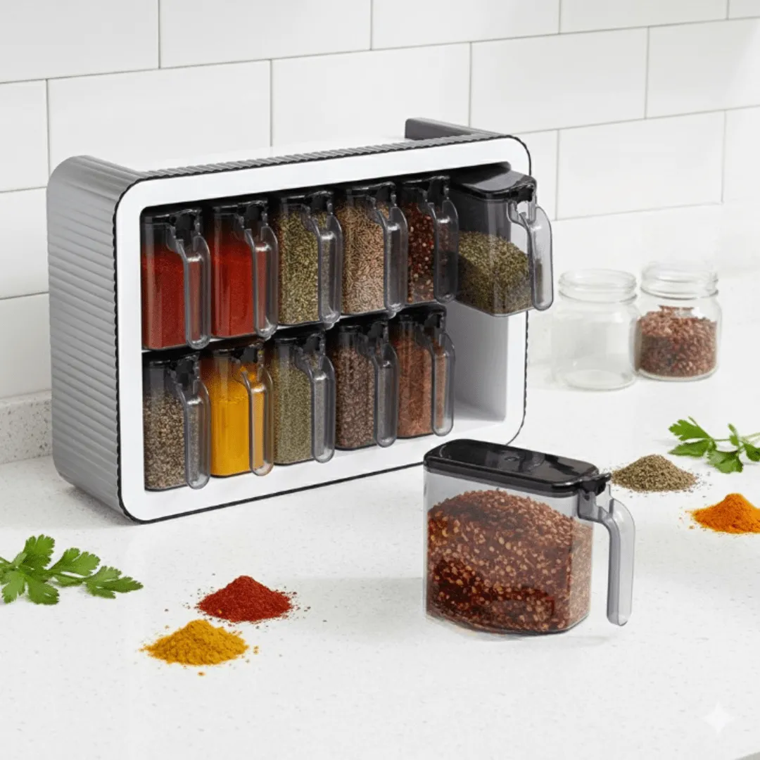 Set de 12 pots à épices avec support et couvercles hermétiques, équipés de poignées pratiques