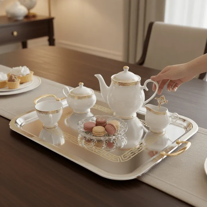 Plateau de service élégant et luxueux - Finition argentée et dorée 40 x 29 cm