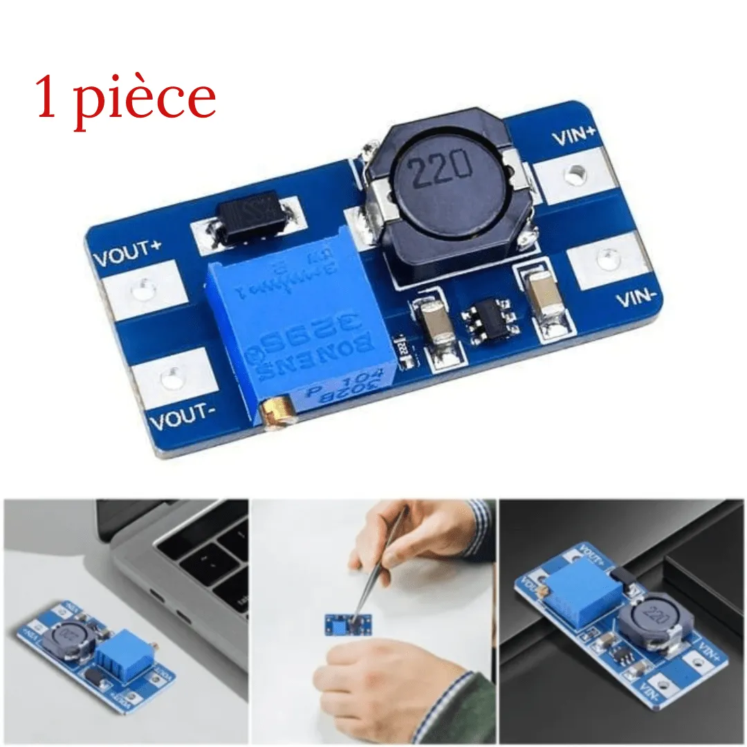 Module convertisseur CC-CC – amplification de puissance, 2 A max, tension d’entrée 2-24 V vers sortie 5-28 V