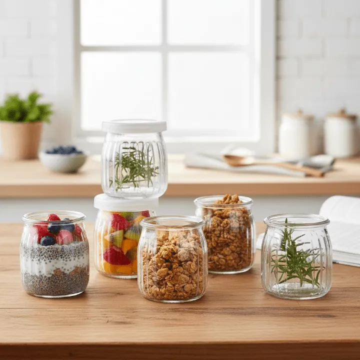 Lot de 6 bocaux en verre avec couvercles en plastique – idéal pour yaourts, desserts et préparations maison
