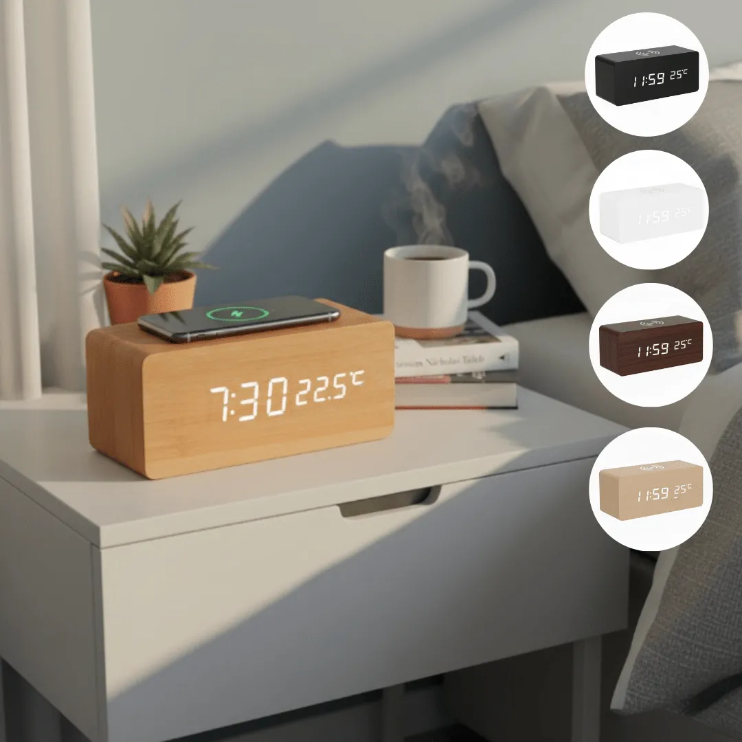 Réveil numérique en bois LED avec affichage température et humidité, charge sans fil et luminosité réglable (colleur aléatoire)