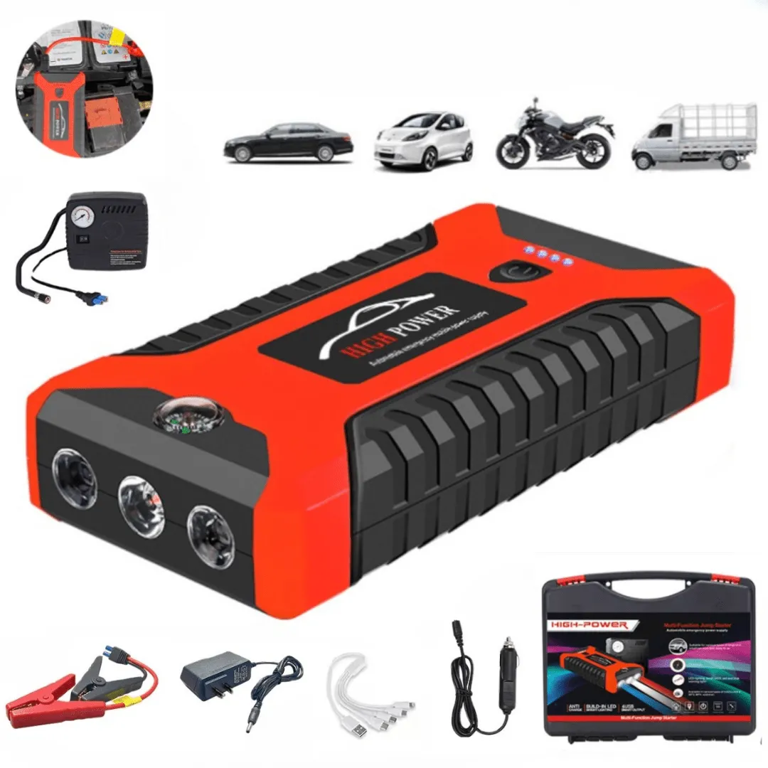 Démarreur de voiture portable 99800mAh 12V avec chargeur de batterie, power bank et gonfleur électrique