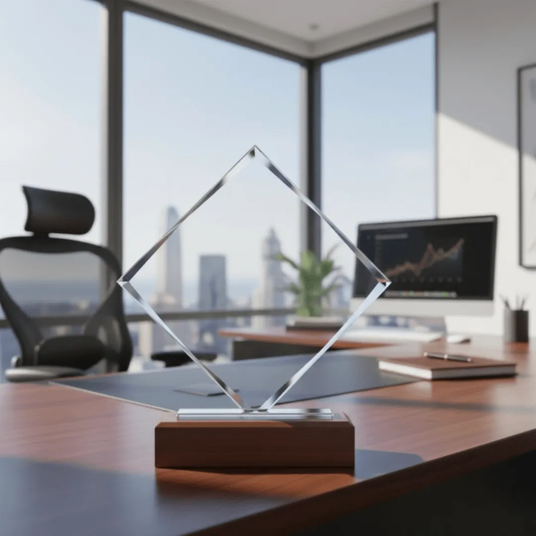 Trophée en cristal transparent avec base en bois pour distinction