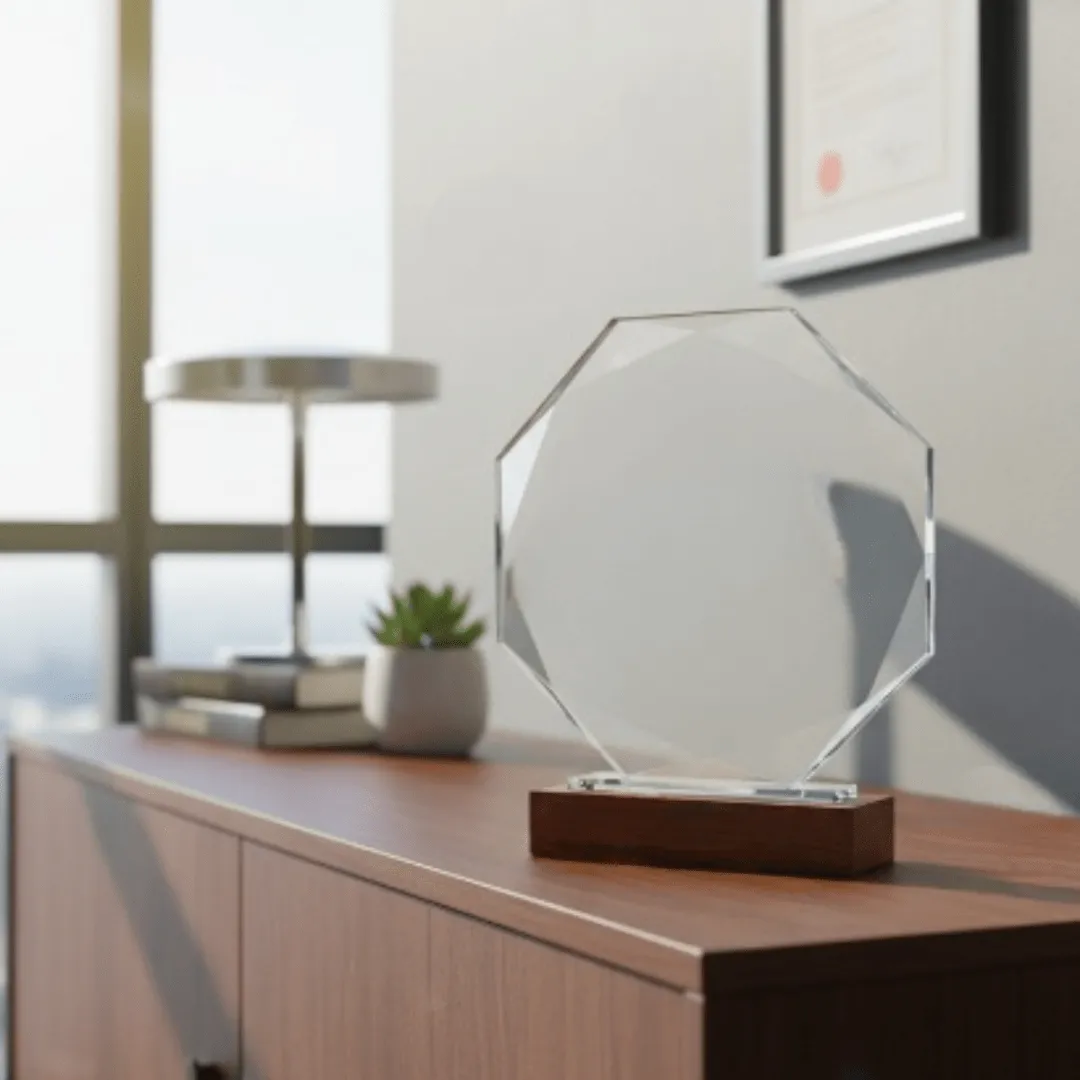 Trophée en cristal transparent avec base en bois pour distinction