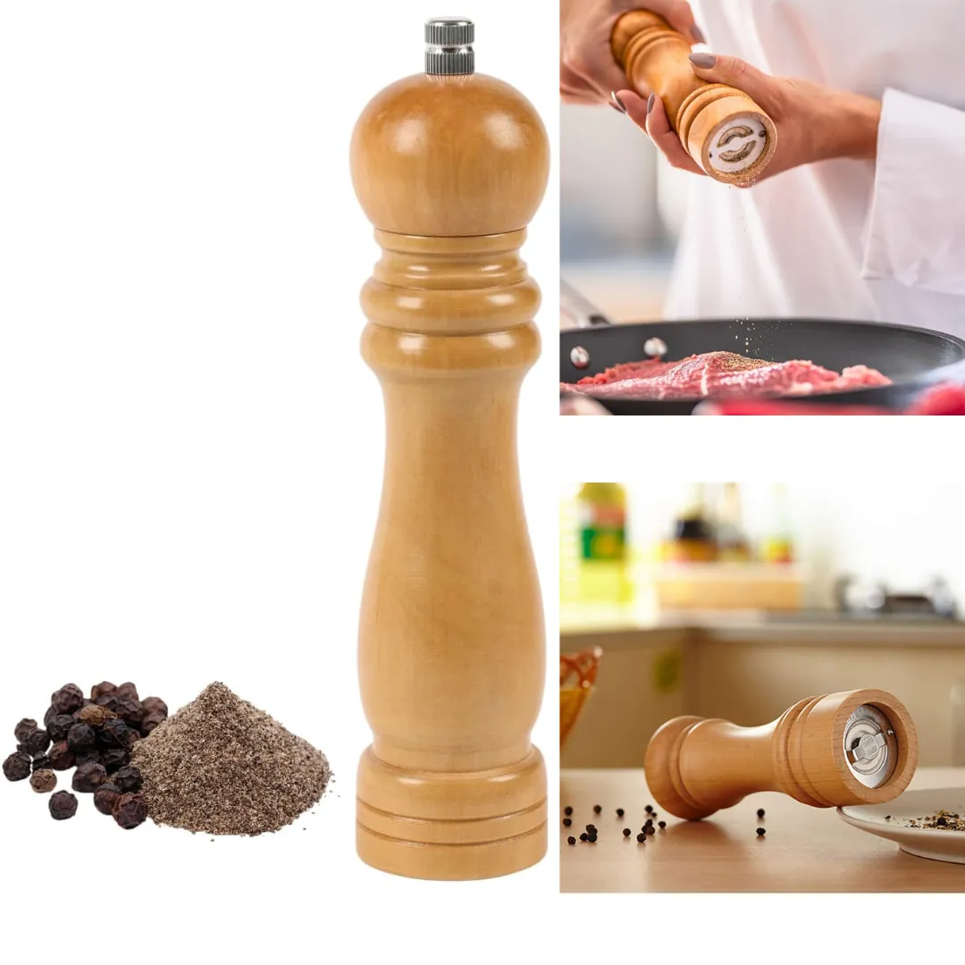 Moulin à épices en bois au design classique – Idéal pour le poivre et le sel.