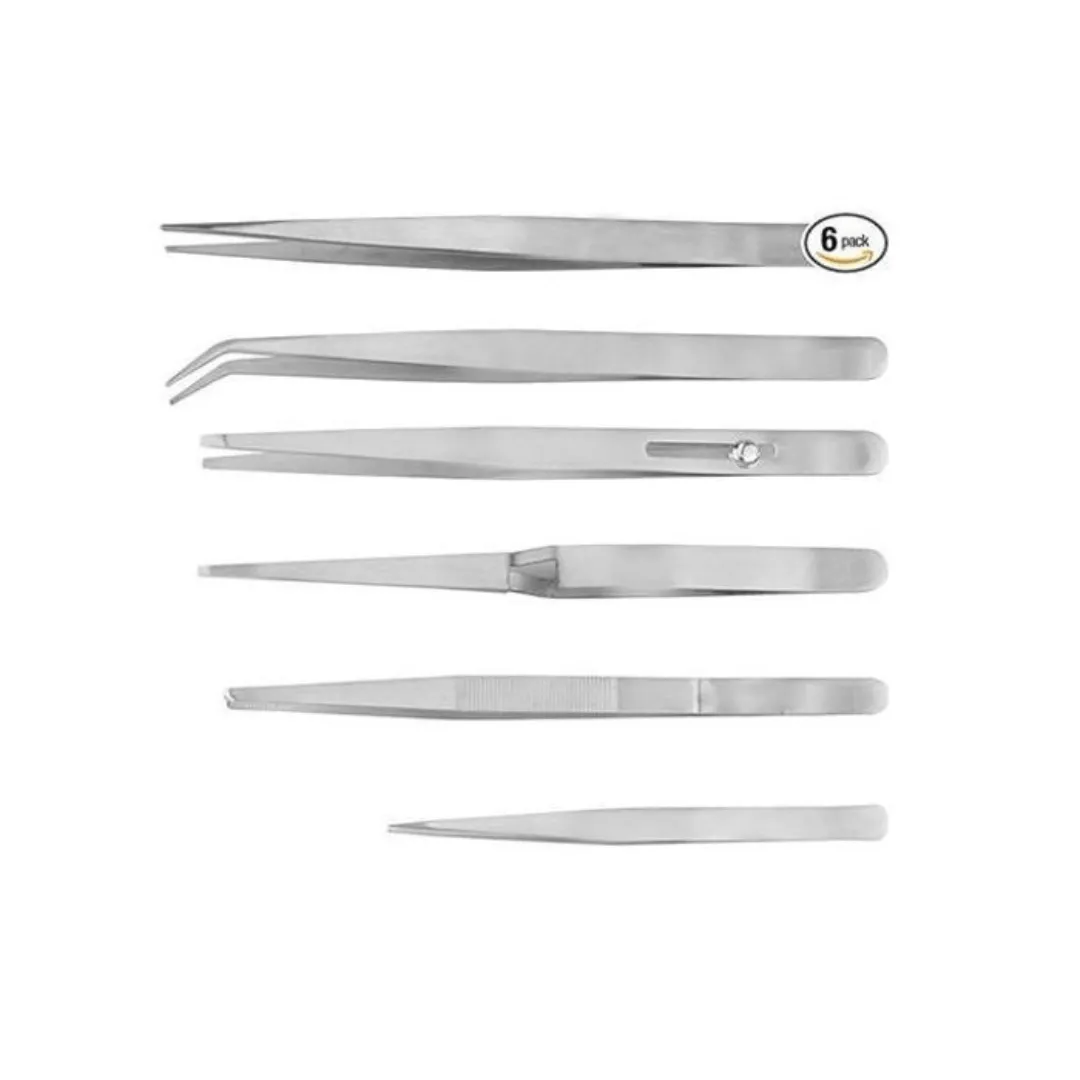 Set de 6 pinces métalliques en acier inoxydable pour travaux de précision.