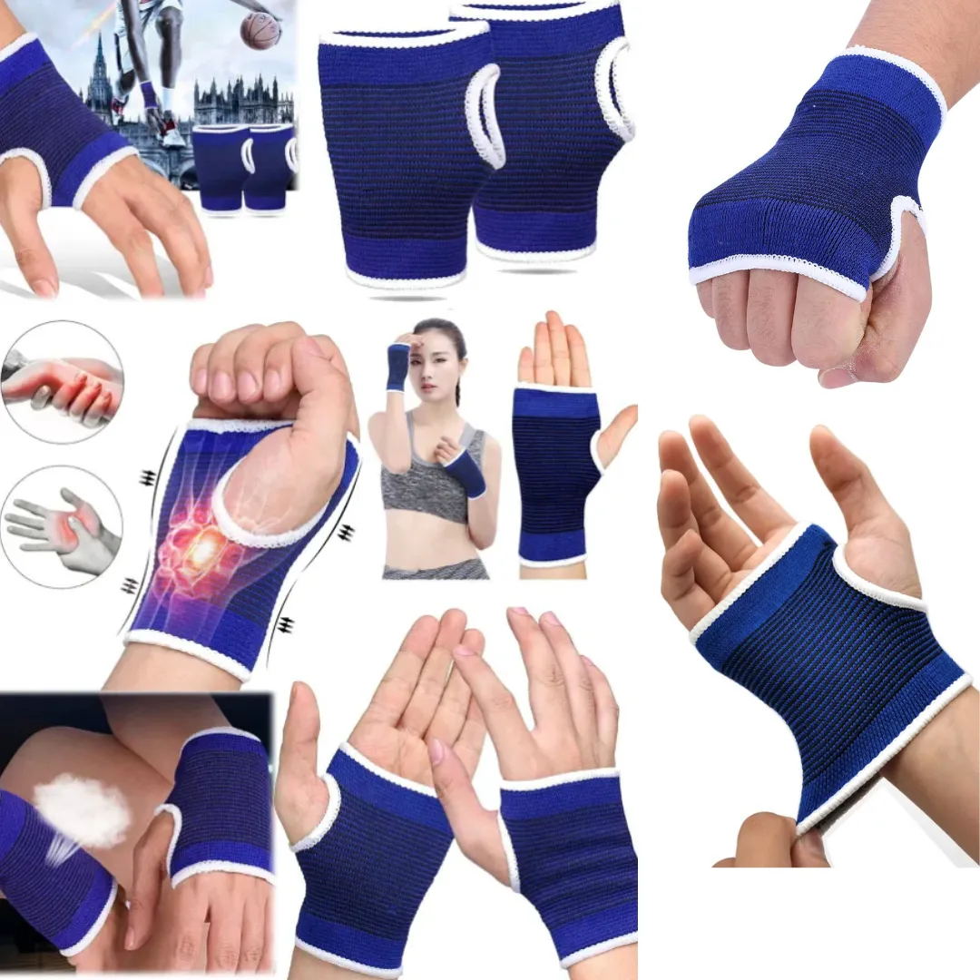 Bandage de poignet bleu avec attelles pour soulager le syndrome du canal carpien, idéal pour le sport.