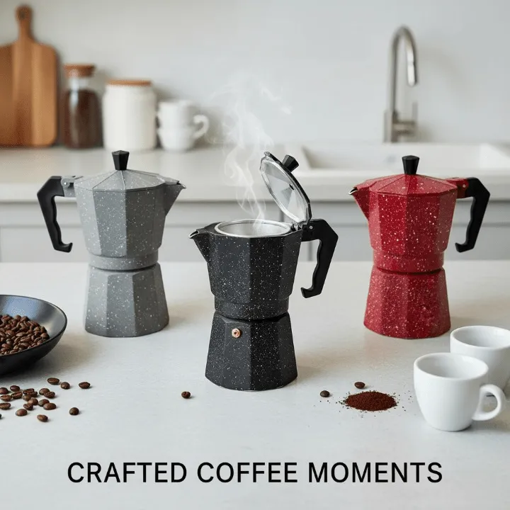 Cafetière moka 3 tasses avec manche isolant thermique pour une utilisation sécurisée (colleur aléatoire)