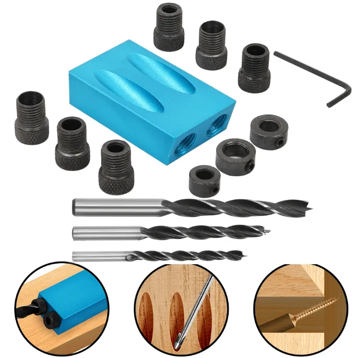 Kit de gabarits de perçage d'angle à 15 degrés pour le travail du bois avec forets de 6, 8 et 10 mm