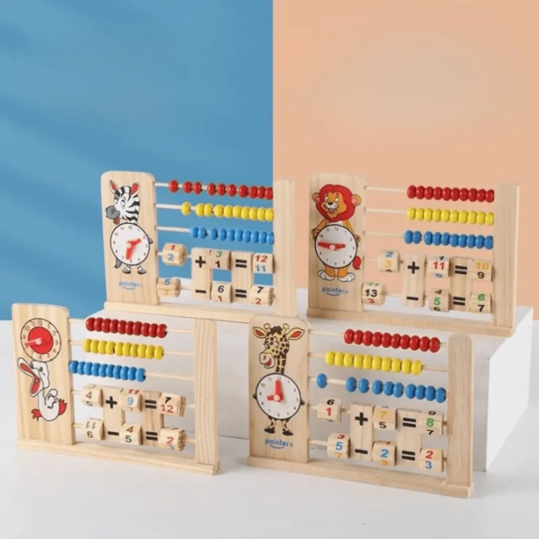 Jeu éducatif en bois avec abaque, montre et numéros pour développer les premières notions (couleur aléatoire).