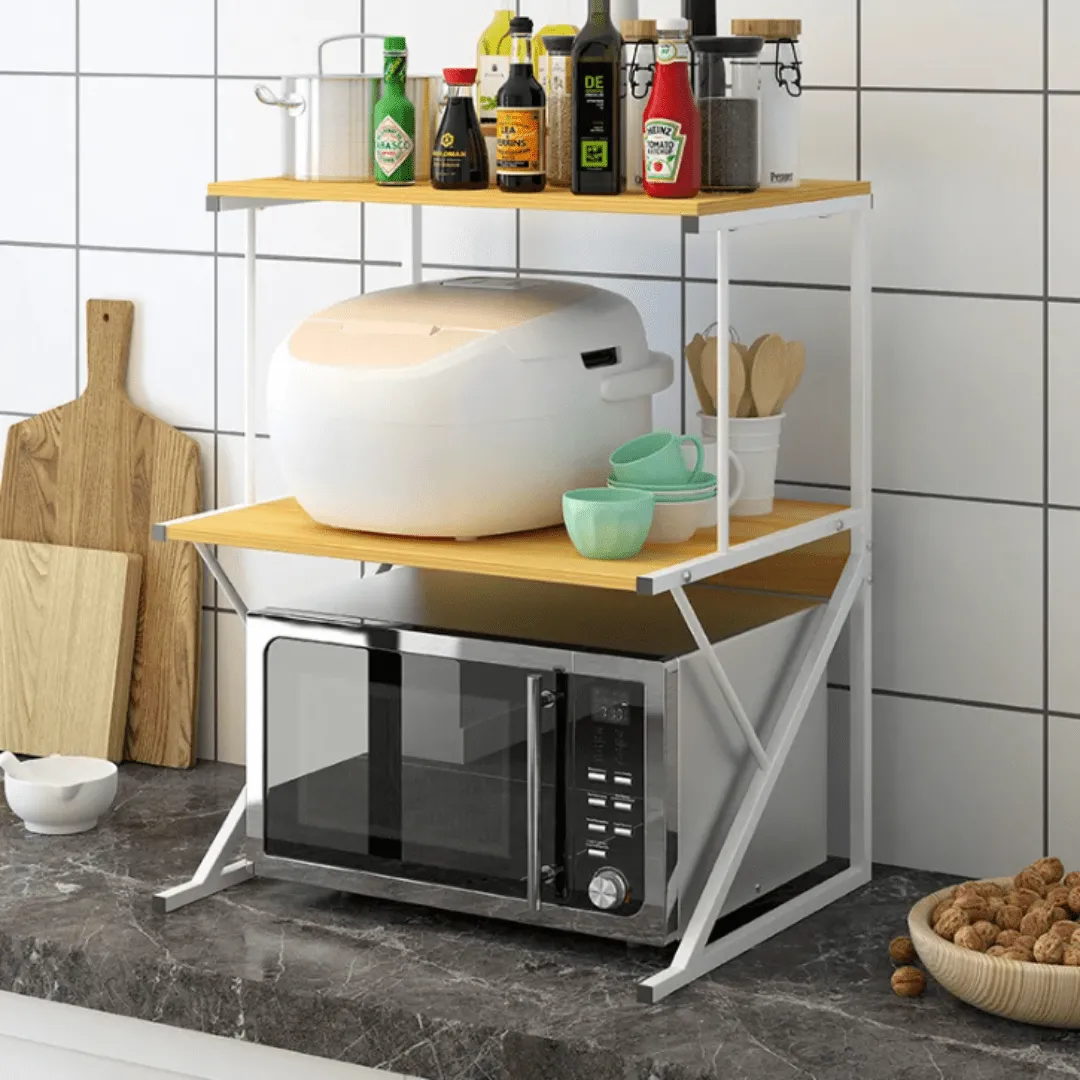 Support de Cuisine Multifonction – 2 Étagère Réglable en Bois et Métal pour Micro-ondes et Accessoires.
