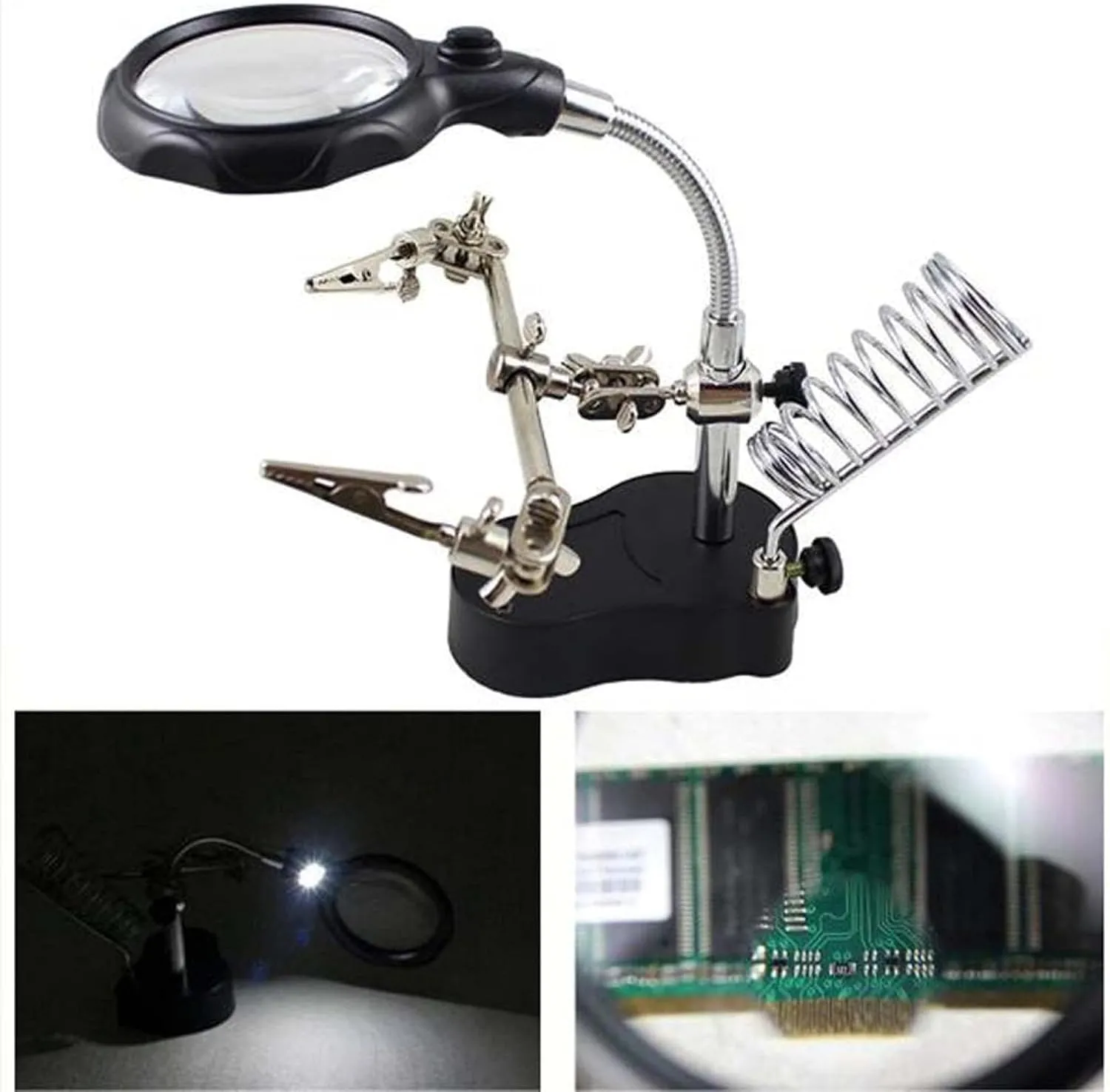 Loupe sur pied avec LED, pince de fixation, et station de soudage intégrée