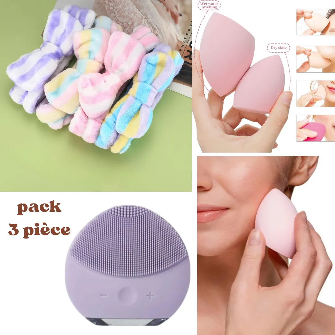 Ensemble 3 pièces pour soin du visage – Éponge, brosse délicate et bandeau doux