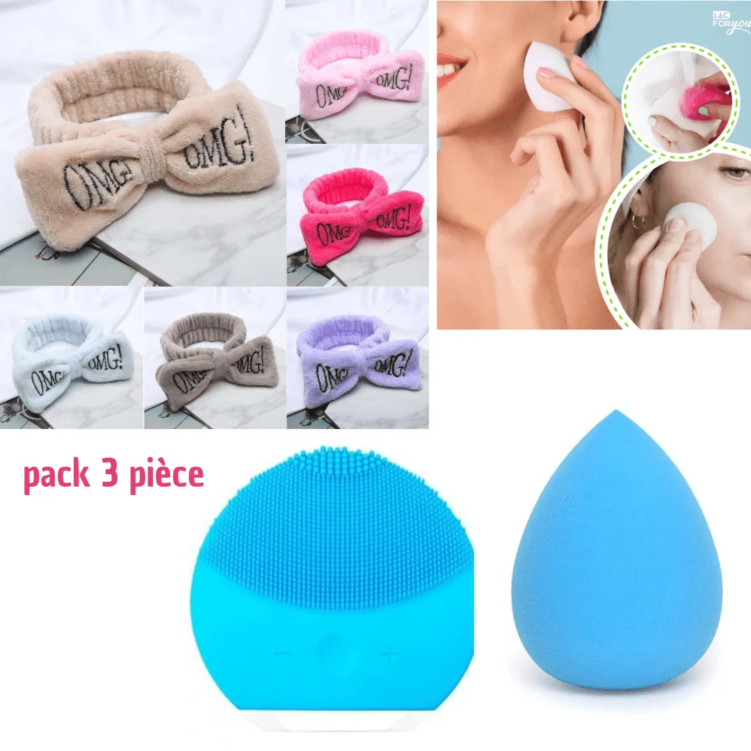 Coffret de 3 pièces pour nettoyage du visage – Éponge, brosse douce et bandeau confort