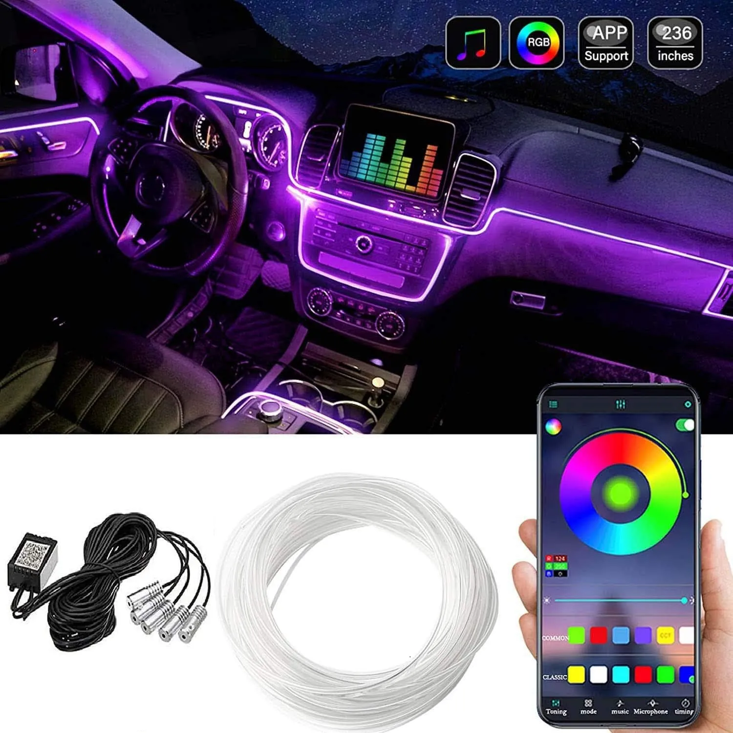 Bande lumineuse LED intérieure pour voiture – Multicolore avec contrôle sans fil via appli mobile