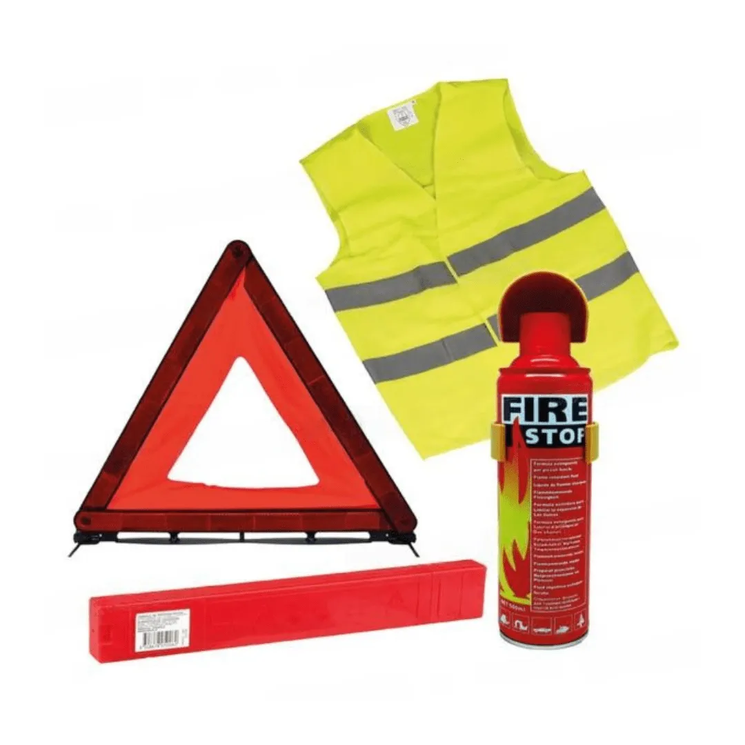 Kit de sécurité 3 en 1 : triangle, gilet réfléchissant et extincteur avec housse.