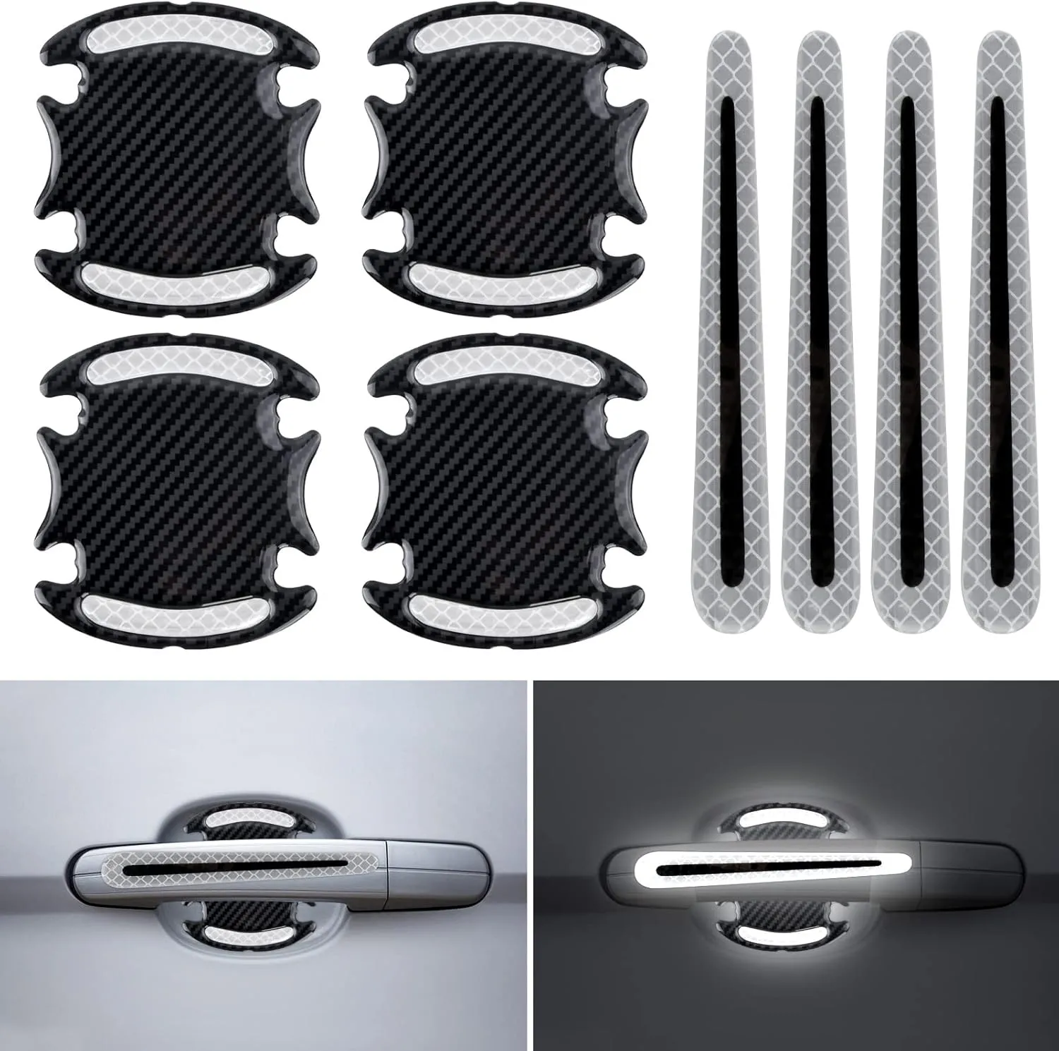 Protection anti-rayures et sécurité extérieure : lot de 8 autocollants réfléchissants universels 3D en fibre de carbone pour portes de voiture