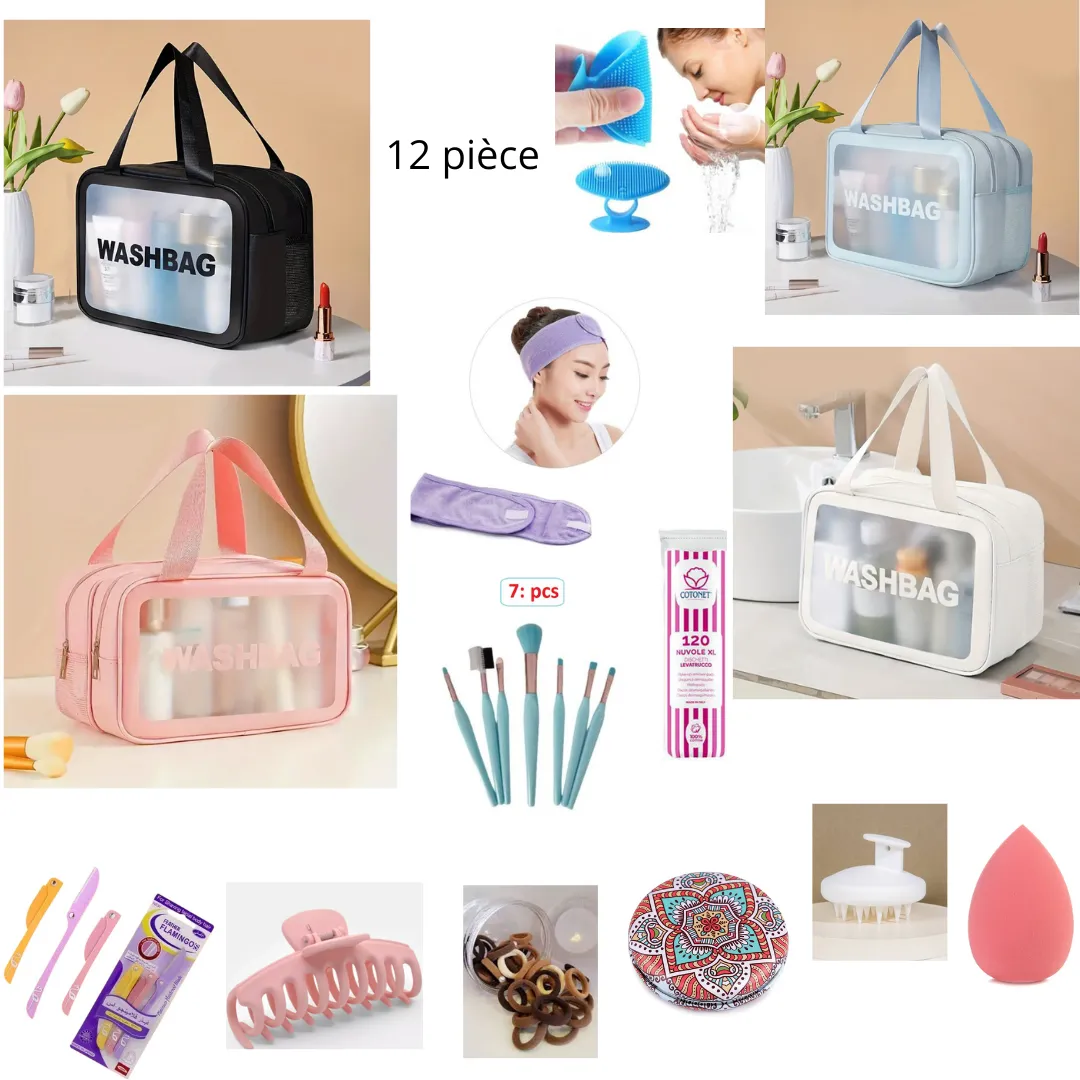 Trousse de maquillage transparente grande capacité et imperméable, avec un lot de 12 pièces, idéale pour le voyage.