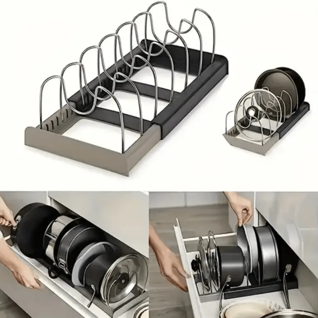 Support réglable pour ustensiles de cuisine, rangement pour casseroles et espace d’égouttage.