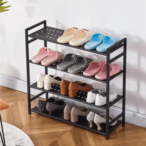 Meuble à chaussures en métal 4 niveaux, pratique et robuste pour un rangement optimal.