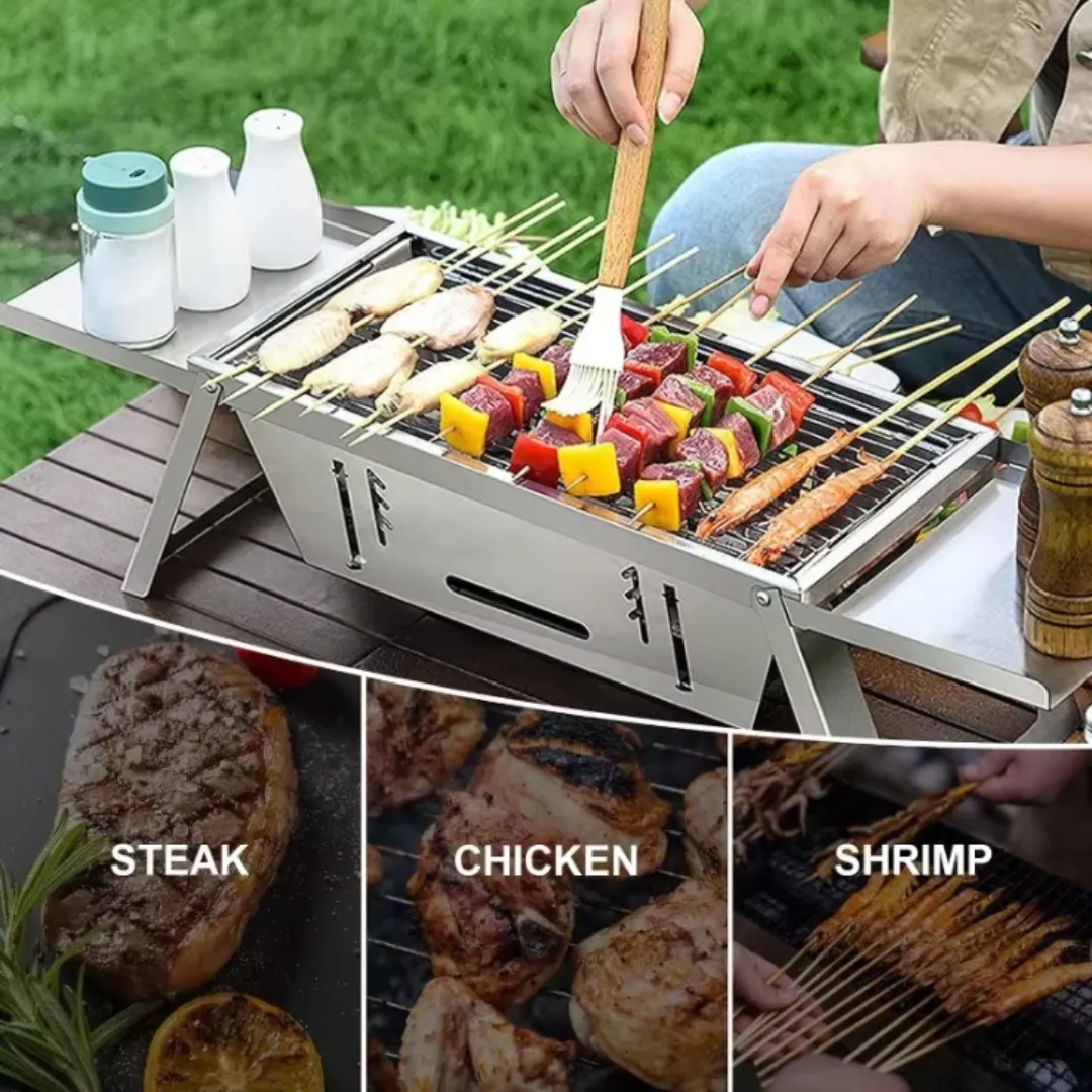 Gril compact en inox pour intérieur et extérieur, portable, sans fumée, à charbon avec brochettes.