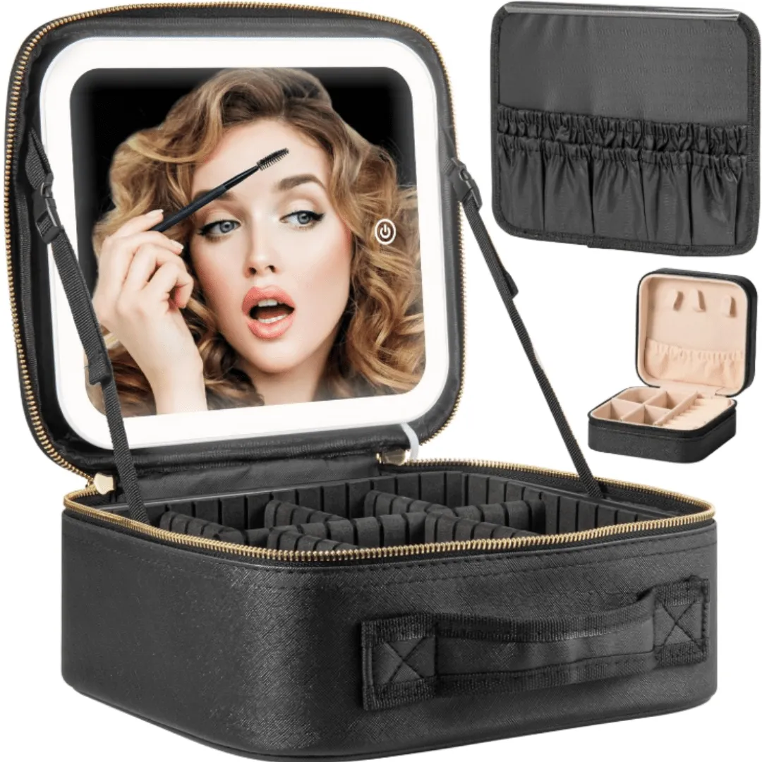 Coffret de maquillage avec miroir LED, trousse de rangement cosmétique et nécessaire de toilette.