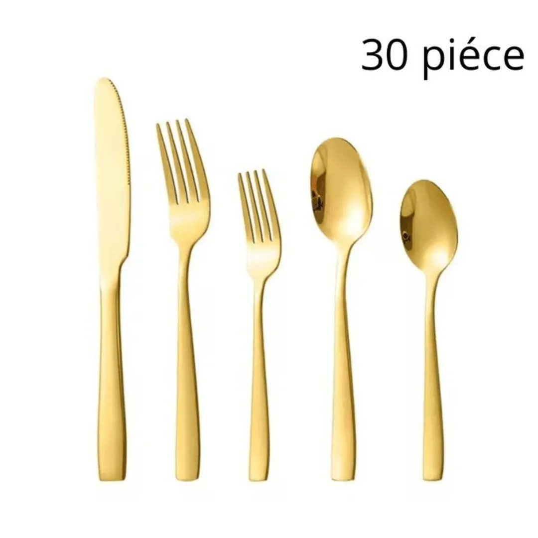 Set de 30 couverts en acier inoxydable doré : couteaux, fourchettes et cuillères élégantes.