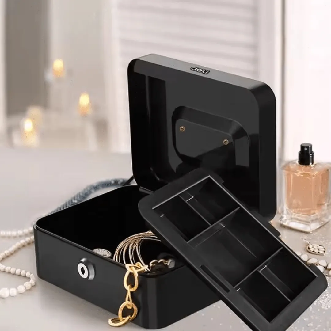 Coffre-fort mécanique en métal Deli, sécurisé et idéal pour le stockage des billets et bijoux.