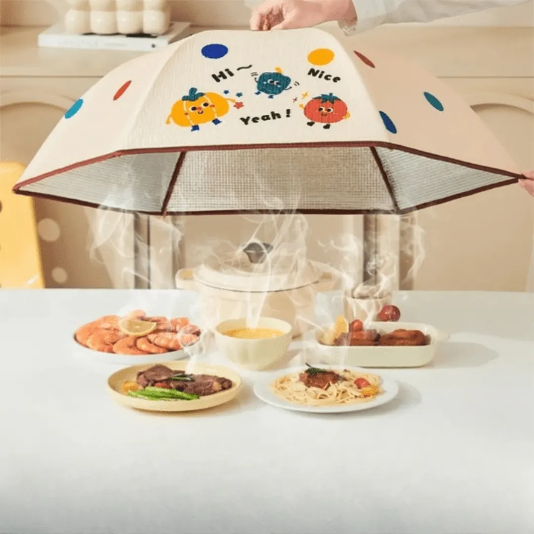 Couvercle pour repas avec protection des aliments et parapluie intégré.