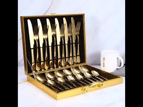 Ensemble de couverts en inox 24 pièces, service pour 6 personnes avec boîte de rangement en bois.