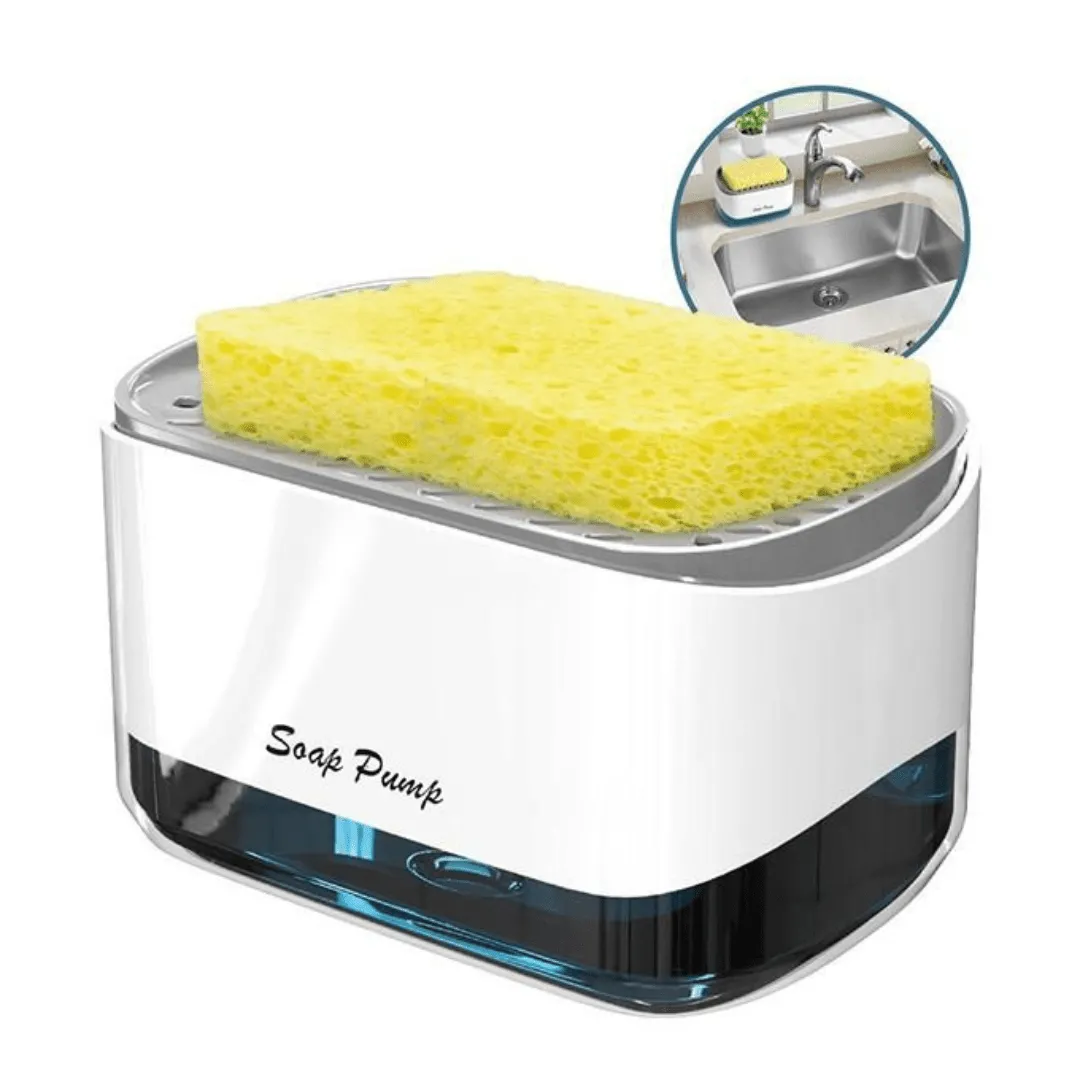 Distributeur de savon liquide avec support pour éponge 2 en 1, idéal pour la vaisselle.
