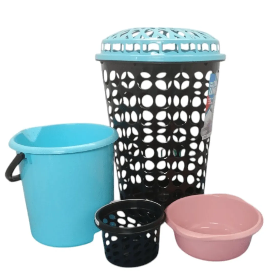 Ensemble complet pour la lessive : Coffre à linge, seau, bassine et panier à pinces.