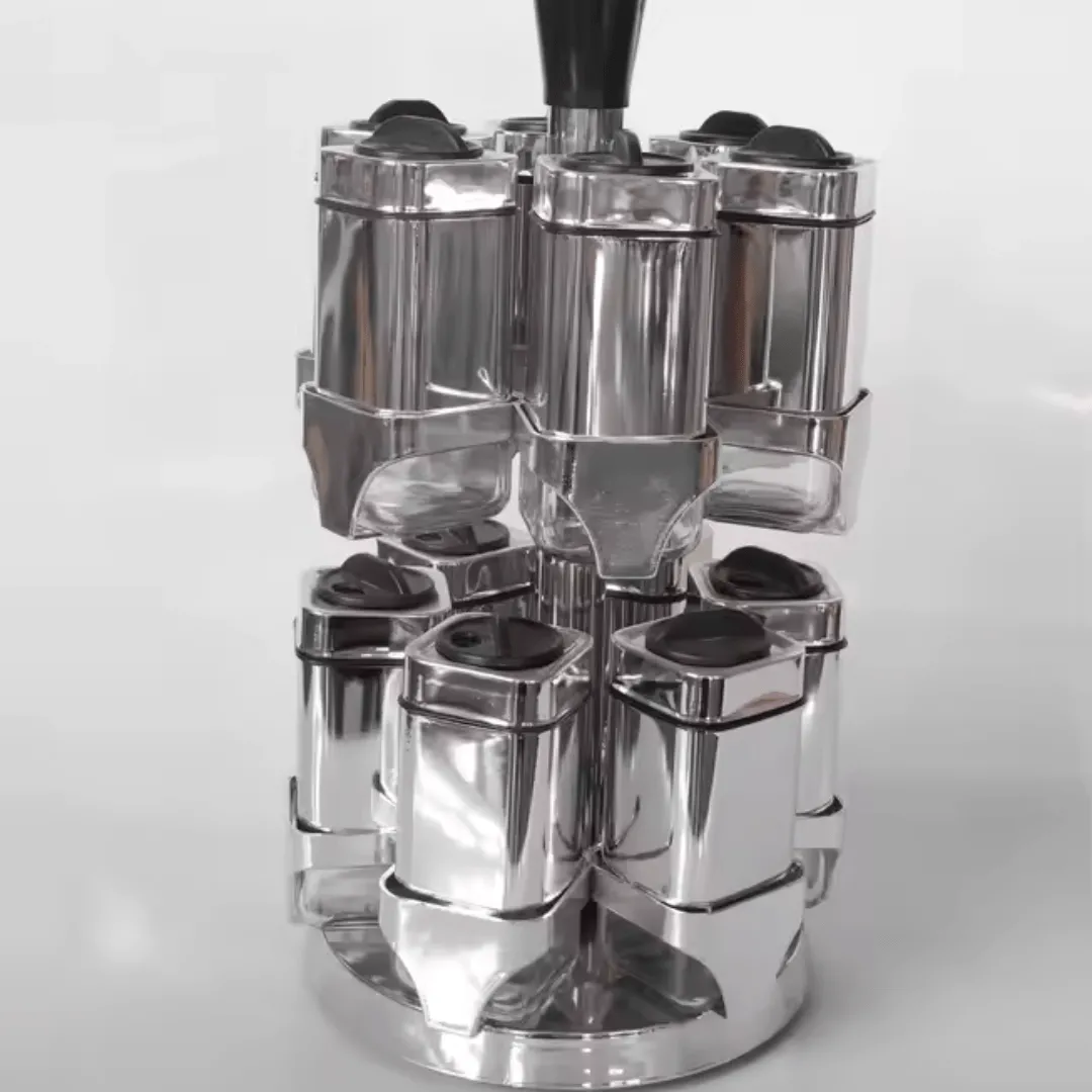 Ensemble de récipients à épices rotatifs avec finition dégradé argent, pratique et élégant pour organiser vos épices.