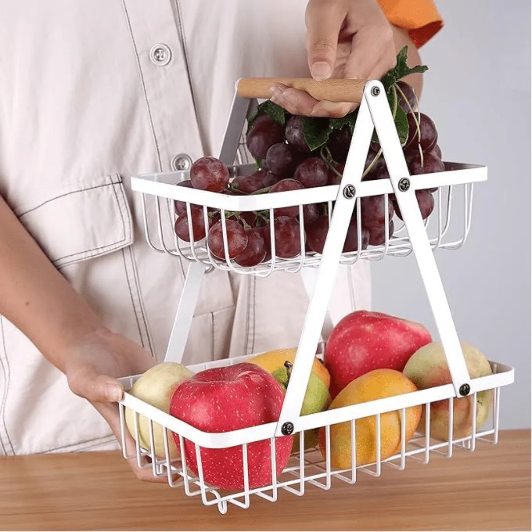 Panier à fruits et légumes à 2 niveaux, avec poignée en bois, pratique et élégant pour un rangement optimal.