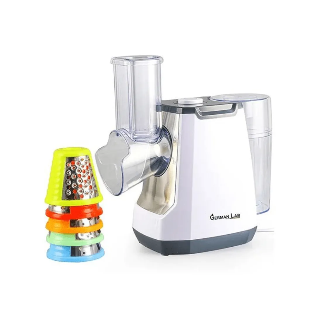 Coupe-légumes électrique puissant, grande capacité, avec composants amovibles pour un nettoyage simplifié.