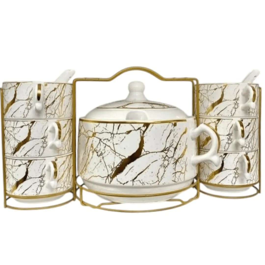 Set de soupe 15 pièces avec support en métal pour un service élégant.