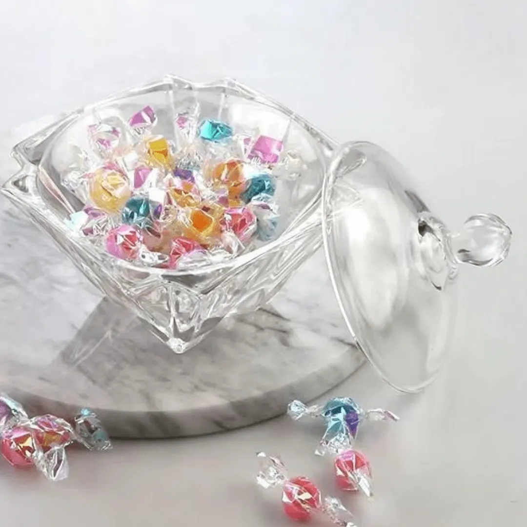 Pot à sucre en verre, récipient rond pour bonbons et douceurs.