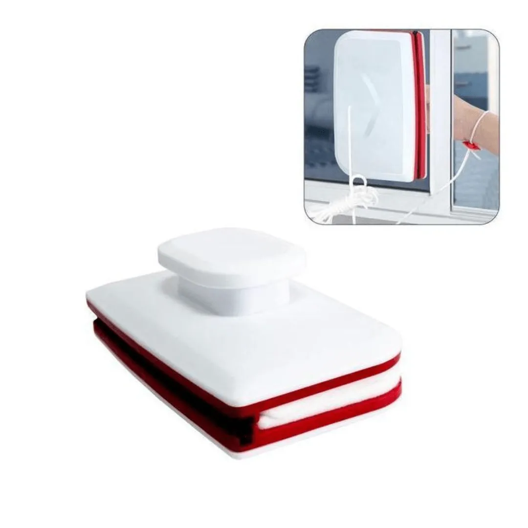 Nettoyeur de vitres magnétique double face avec poignée ergonomique, adapté aux surfaces rectangulaires.