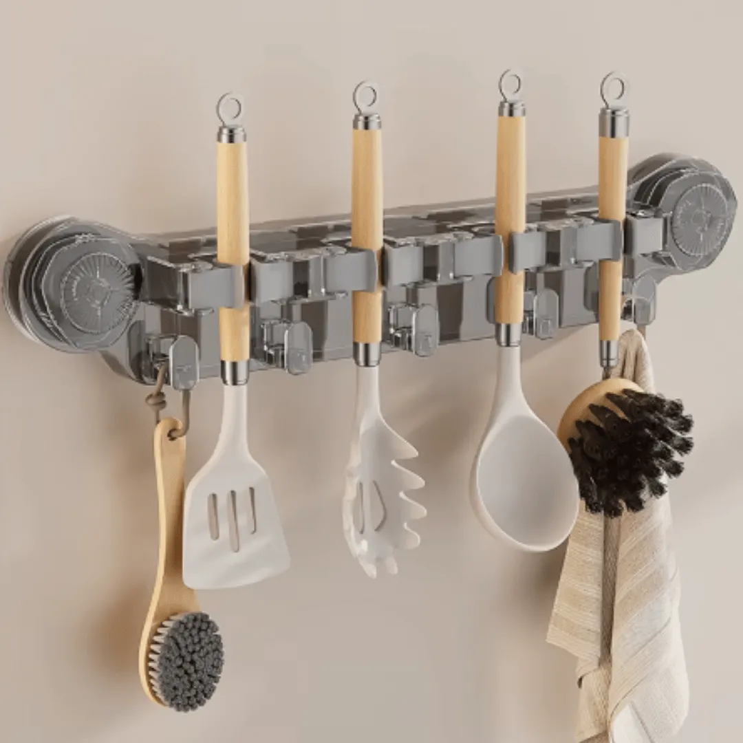 Support multifonctionnel transparent pour vadrouille avec crochets muraux pour salle de bain.