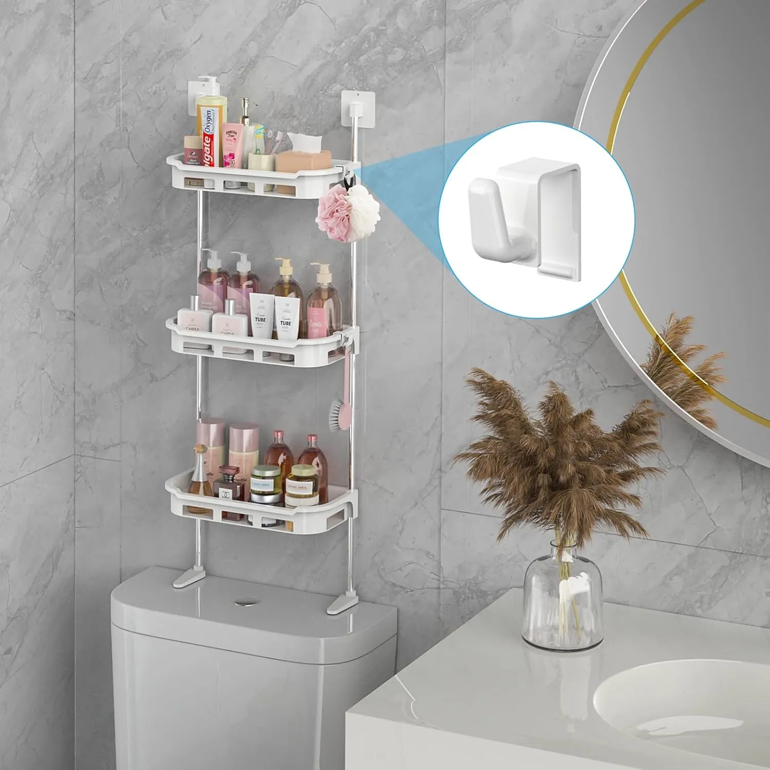 Organiseur de salle de bain 3 niveaux pour rangement au-dessus des toilettes avec crochets et installation sans perçage.