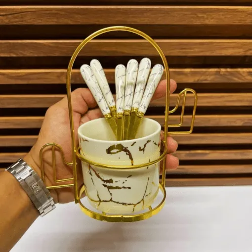 Ensemble de 6 cuillères avec manches en céramique, incluant des cuillères à thé pour dessert avec support de rangement.