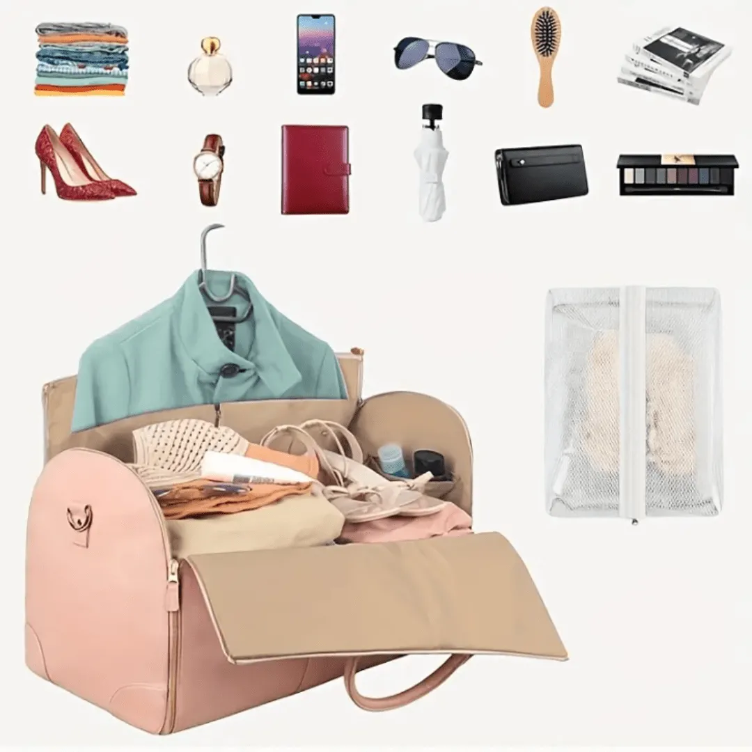 Sac de voyage pliable multifonctionnel pour femme, avec grand compartiment pour vêtements suspendus.