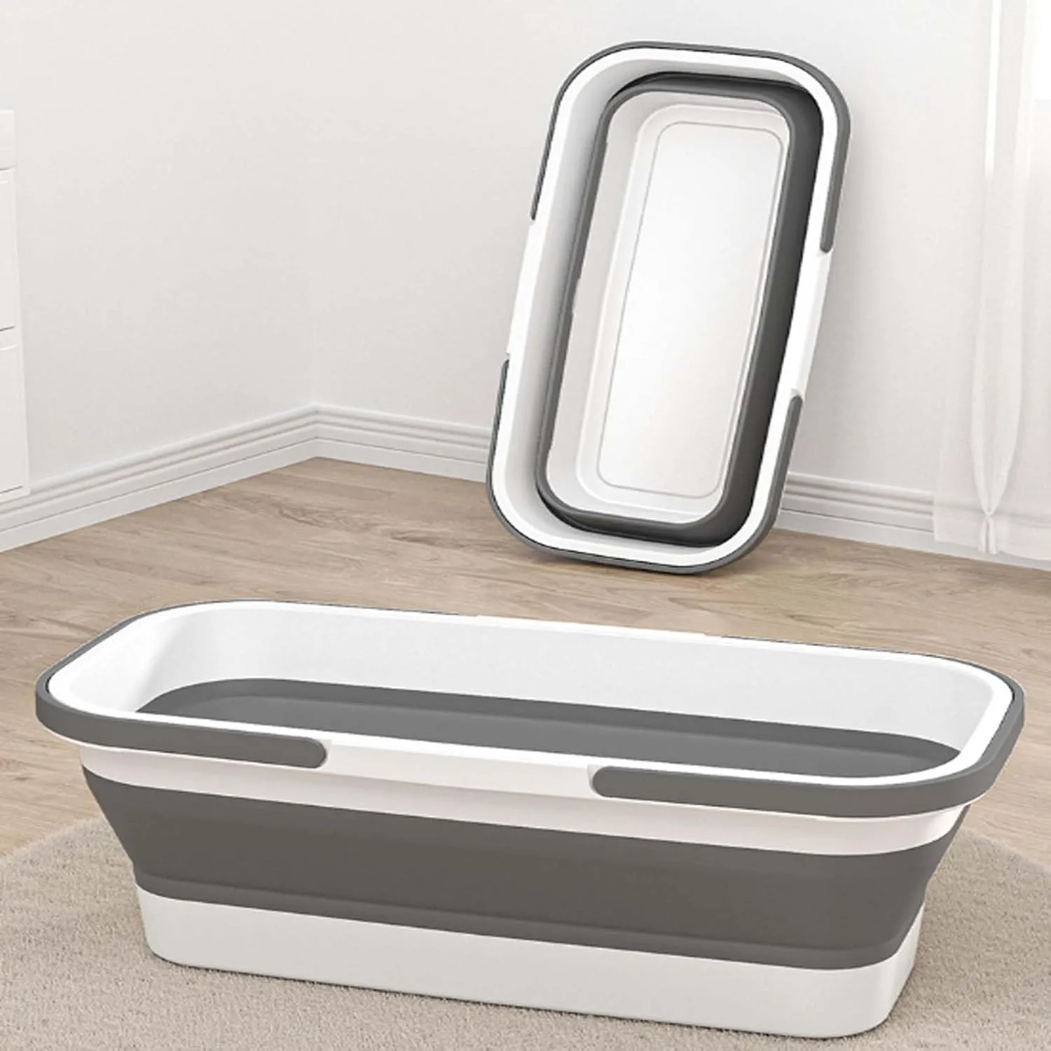 Bassine pliable portable avec poignées, idéale pour le camping et la cuisine.