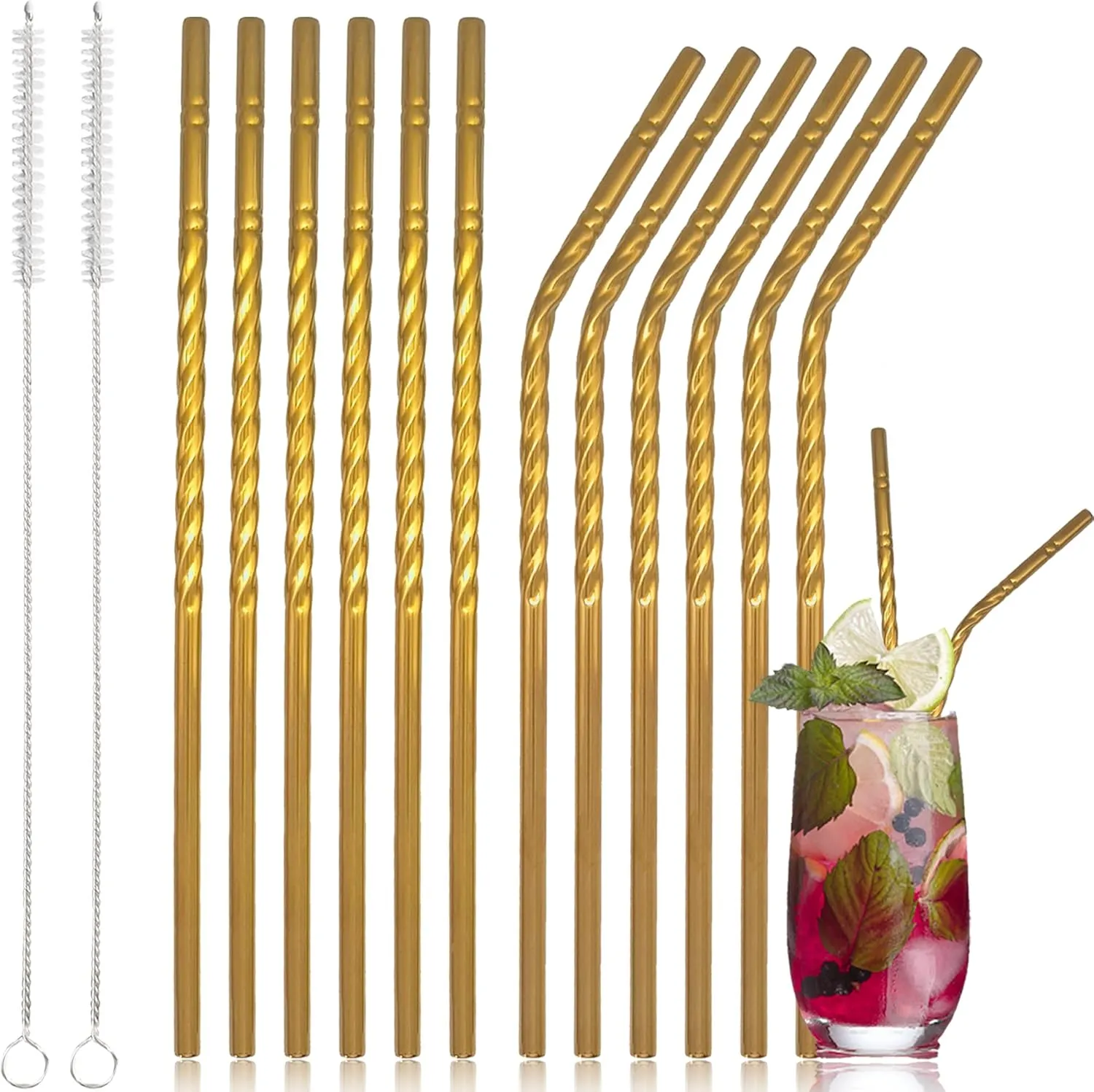 Ensemble de 6 pailles en métal élégantes et réutilisables avec brosses de nettoyage.